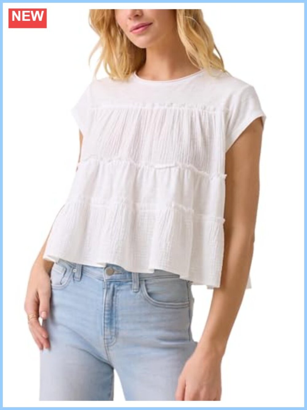 Womens Babydoll Top Cap Sleeve Crewneck Tiered Ruffle Flowy Shirt